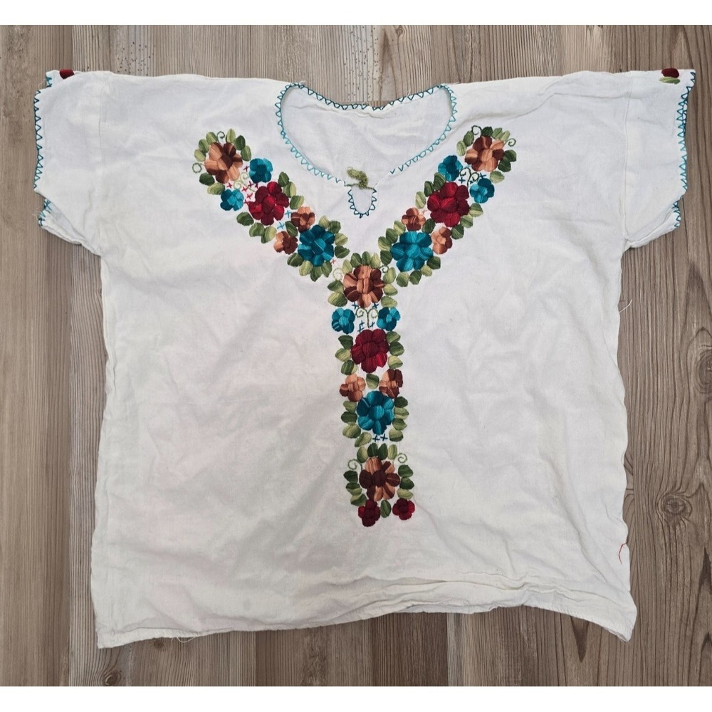 Embroidered Mexican Style Tunic Dress White Floral Boho Handmade Peasant Top M